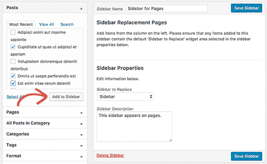 Add posts or pages to your custom sidebar