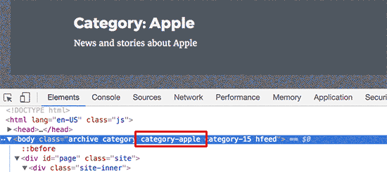 Category class added to body element by WordPress