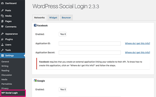 WP Social Login settings