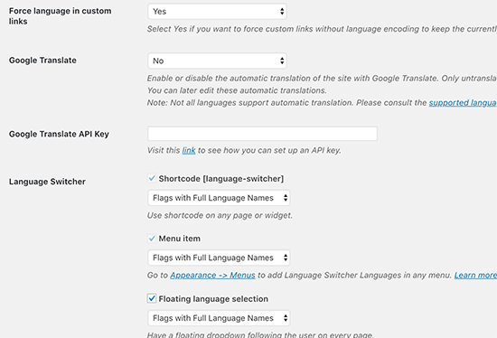 TranslatePress settings 