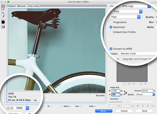 Saving images optimized for the web using Photoshop