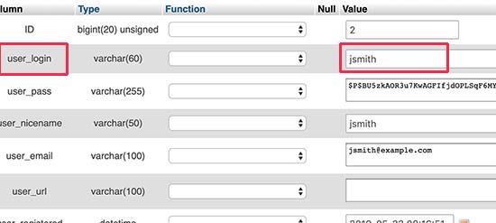 Change WordPress username in phpMyAdmin