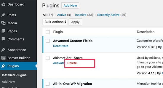 Delete WordPress plugin