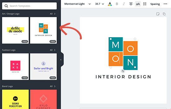 Choosing a logo template and editing it in Canva
