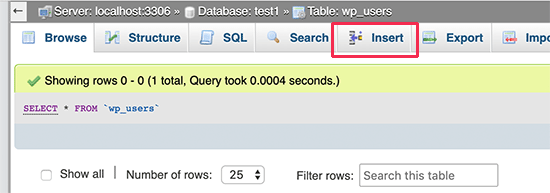 Insert new row in WordPress users table