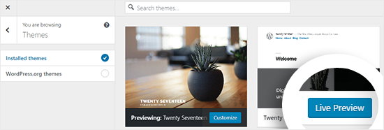 Preview Installed themes on Theme Customizer