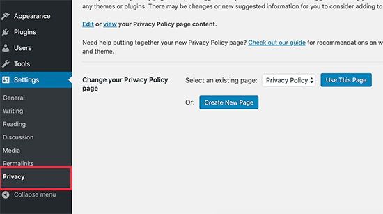 Privacy policy generator in WordPress