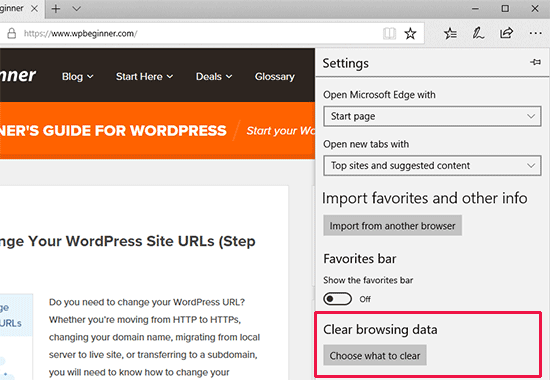 Clear browsing data in Microsoft Edge