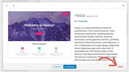 Deleting a WordPress theme via WordPress admin dashboard
