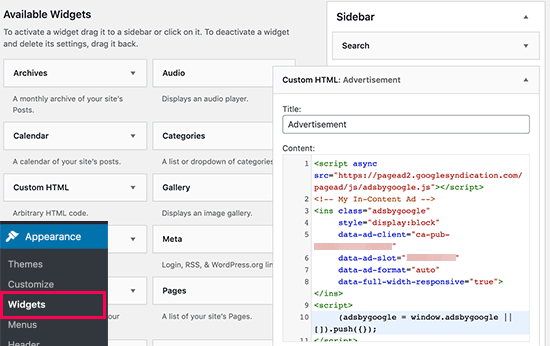 Paste Google AdSense code in WordPress sidebar