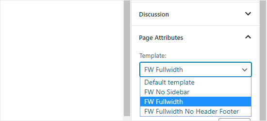 The different options available for your page template using the Full Width plugin