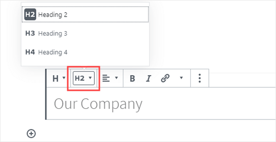 Selecting your Heading size in the block editor