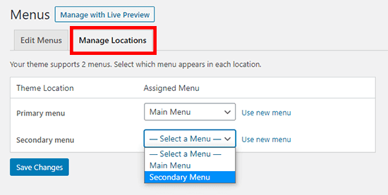 manage menu locations in WordPress