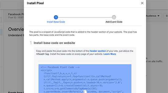 Copy Facebook Pixel code