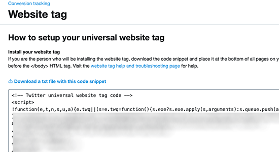 Copy Twitter conversion tracking website tag