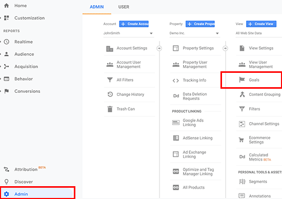 Goals in Google Analytics admin view