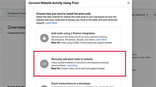 Manually add pixel code to a website