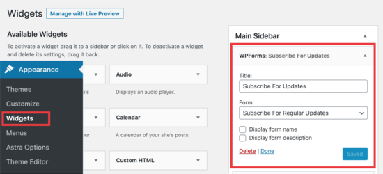 Add WPForm widget to sidebar