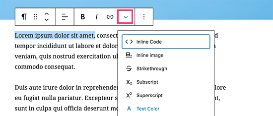 Default paragraph toolbar in WordPress block editor