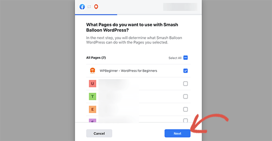 Select Facebook pages to connect with WordPress