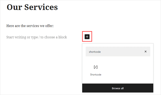 Adding a shortcode block using the WordPress block (Gutenberg) editor