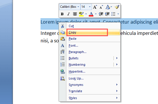 Copying text from your Word document by highlighting it and right-clicking