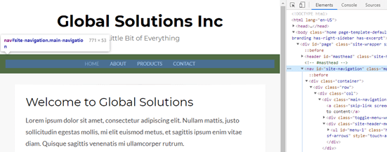 Finding the navigation menu ID using the inspect tool