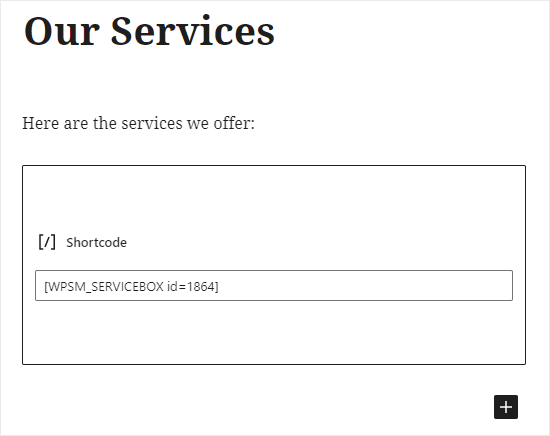 Pasting the service boxes shortcode into the shortcode block