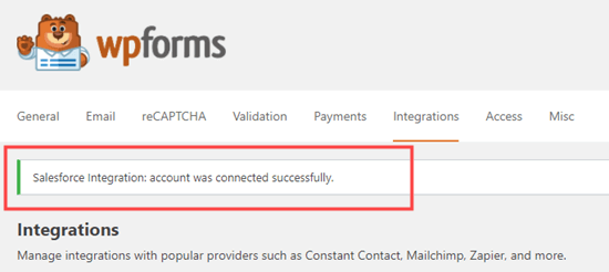 The success message letting you know that Salesforce and WPForms have been successfully integrated