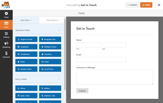 The default contact form template in the WPForms form builder