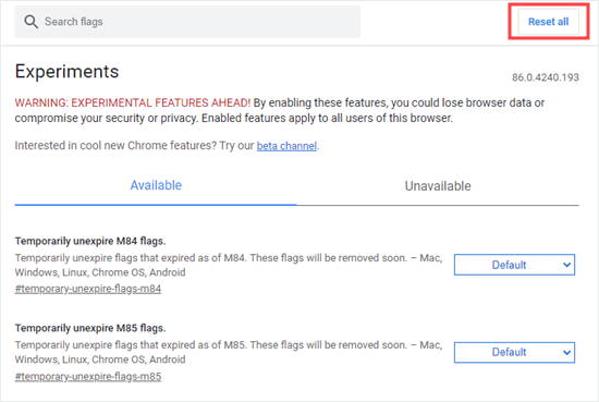 Resetting all experiments in Chrome