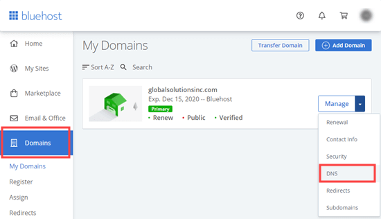 Managing the DNS settings for your domain in Bluehost