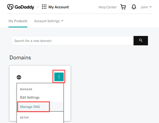 Selecting the 'Manage DNS' option for your domain