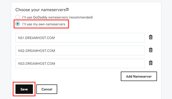 Entering your new nameservers in GoDaddy