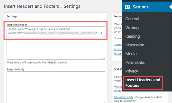 Pasting the Google meta tag into the Insert Headers and Footers header box