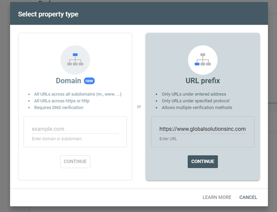 Using the URL prefix method to add your site to Google Search Console