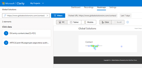 Clarity's heatmap showing clicks on the demo website's contact page