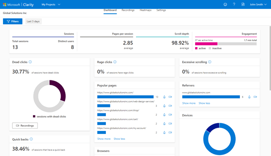 Viewing the Microsoft Clarity analytics dashboard