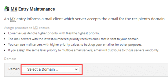 Selecting your domain from the drop down list