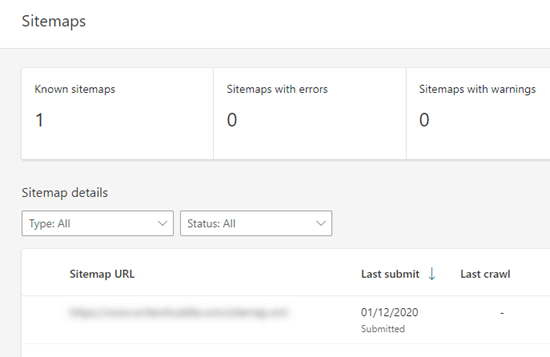 The table of sitemaps in Bing