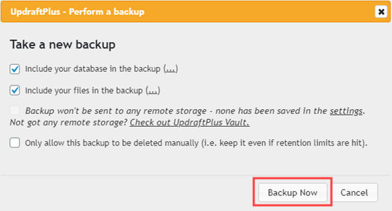 Confirm that you want to run a backup using UpdraftPlus