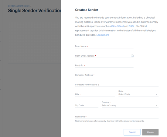 Creating the new single sender in SendGrid