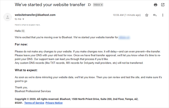 The email from Bluehost telling you about the next steps