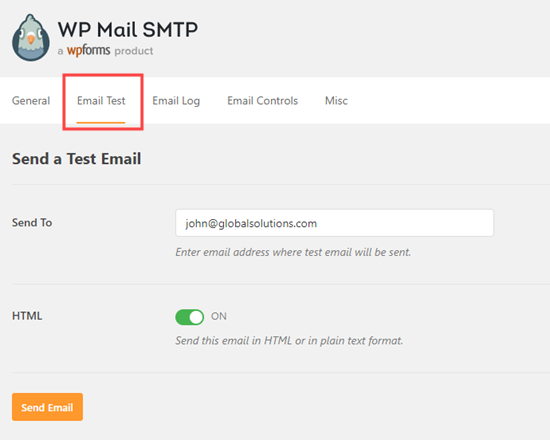 Sending an email test from WP Mail SMTP to verify that everything is set up correctly