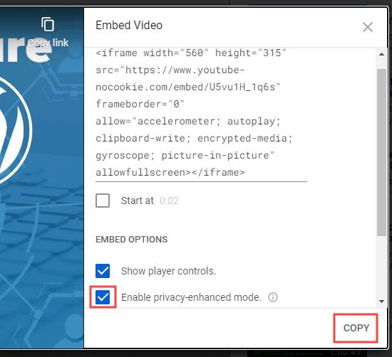 Copying the embed code for the YouTube video