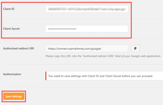 Entering your client ID and client secret into your WP Mail SMTP settings