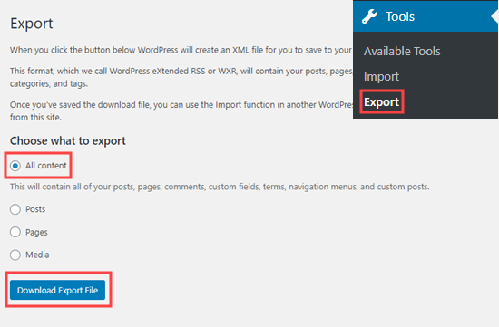 The built-in WordPress export tool