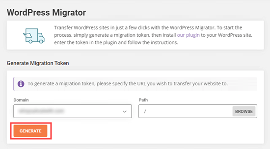 Generating the migration token in SiteGround