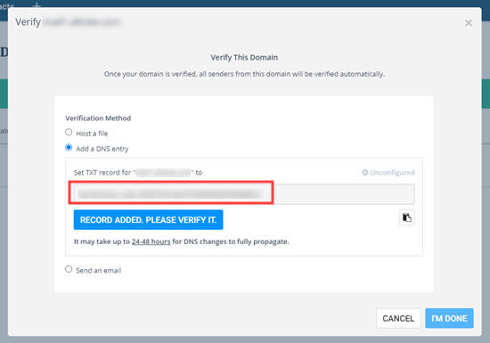 Get the DNS code to enter to verify your domain