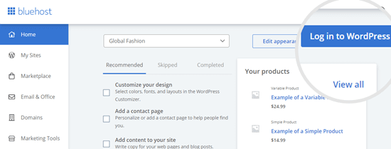 Log in to WordPress from your Bluehost account